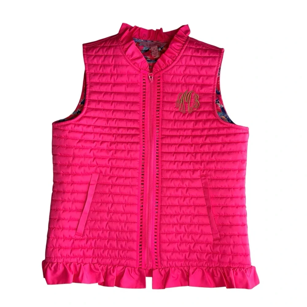 Lilly Pulitzer Girls Pink Quilted Puffer Vest XL Monogram Ruffle Hem